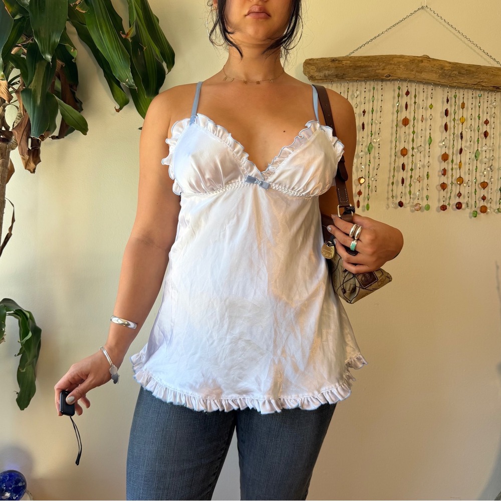 Cinema Etoile White Satin Coquette Babydoll Camisole Top Blue Ruffle Trim Large